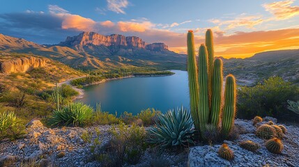 Desert mountain lake sunrise