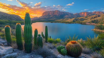 Desert landscape sunrise over lake with cacti