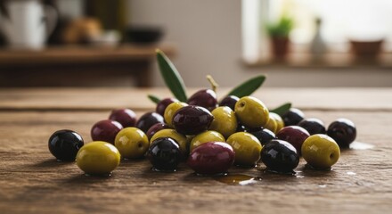 A colorful pile of mixed green, black, and red olives with a splash of oil on a rustic wooden table, with a cozy kitchen in the background.