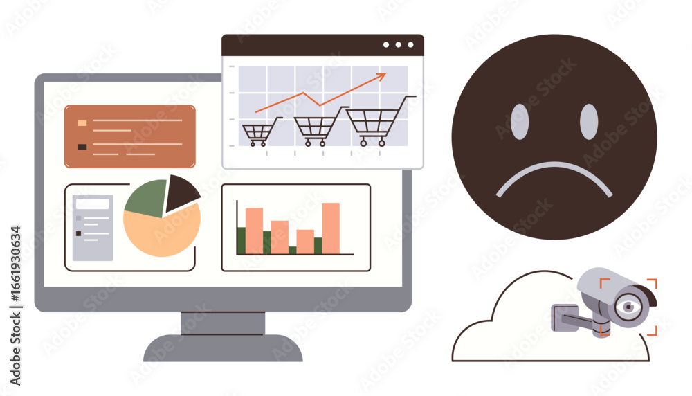 Poster computer screen with e-commerce analytics, graphs, and pie charts alongside a frowning face and clou