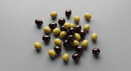 Top-down view of a 3D illustration showing an assortment of green and dark olives scattered on a plain gray surface, ideal for a minimalist background.