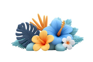 Stylized tropical flowers arrangement on transparent background for summer designs