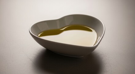 A minimalist shot of pure olive oil in a ceramic heart bowl on a dark surface, representing heart-healthy nutrition and the benefits of the Mediterranean diet.