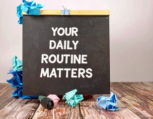 Handwriting text writing Your Daily Routine Matters.. Concept meaning Have good habits to live a healthy life Stand blackboard with white words behind blurry blue paper lobs woody floor isolated
