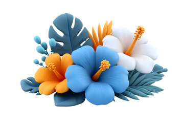 Vibrant Clay Hibiscus Flowers and Tropical Leaves Arrangement on transparent background