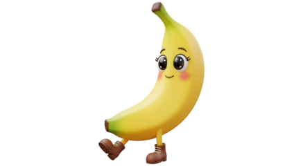 A cheerful, anthropomorphic banana with big eyes and rosy cheeks, wearing boots, appears to be walking or dancing joyfully against a white background.