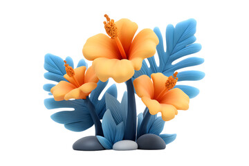 Stylized Floral Arrangement with Hibiscus Flowers and Tropical Leaves on Black