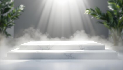 Obraz premium White marble podium with light rays and fog