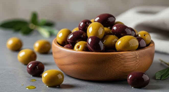 Appetizing close-up of a wooden bowl filled with a fresh assortment of green and purple olives on a stylish gray table with scattered fruit and leaves.
