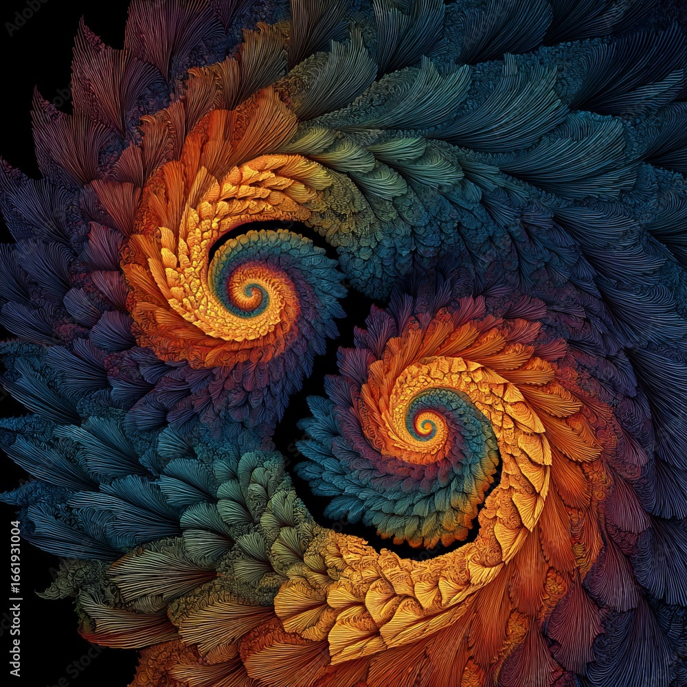 Poster vibrant liquid fractals with spirals and patterns in generative ai art style