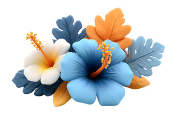 Vibrant Hibiscus Flowers 3D Rendering on transparent background, Captivating Tropical Art