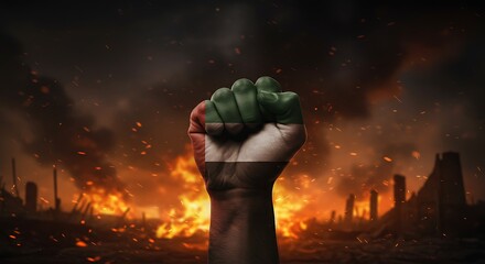 United Arab Emirates flag painted on fist rising from fire aftermath