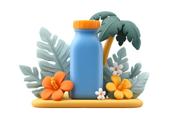 Summer Essential: Sunscreen Bottle with Tropical Leaves and Flowers on transparent background