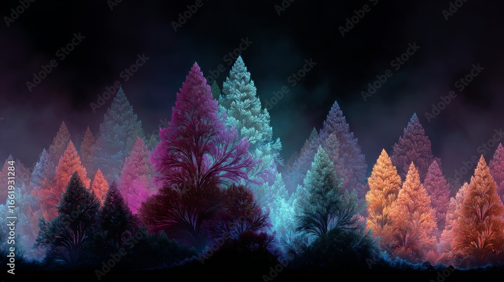 Poster glowing neon fractal forest in abstract ai-generated style with vibrant colors and ethereal atmosphe
