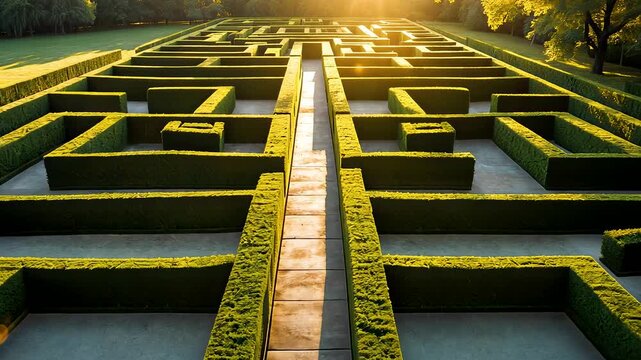 Aerial view of large green hedge maze with long pathways under golden sunlight in outdoor garden landscape