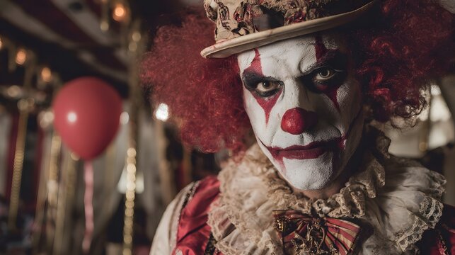 Halloween Atmosphere Mysterious Horror Clown with a Red Wig and Painted Face