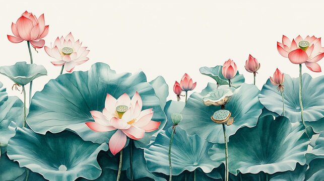 The title features a watercolor lotus and water lilies composition with copy space, soft pastel green and pink hues, delicate ink wash textures in minimalist Chinese painting style