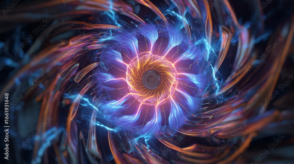 Aufkleber glowing energy core in neon colors with abstract floating elements and dynamic swirling patterns