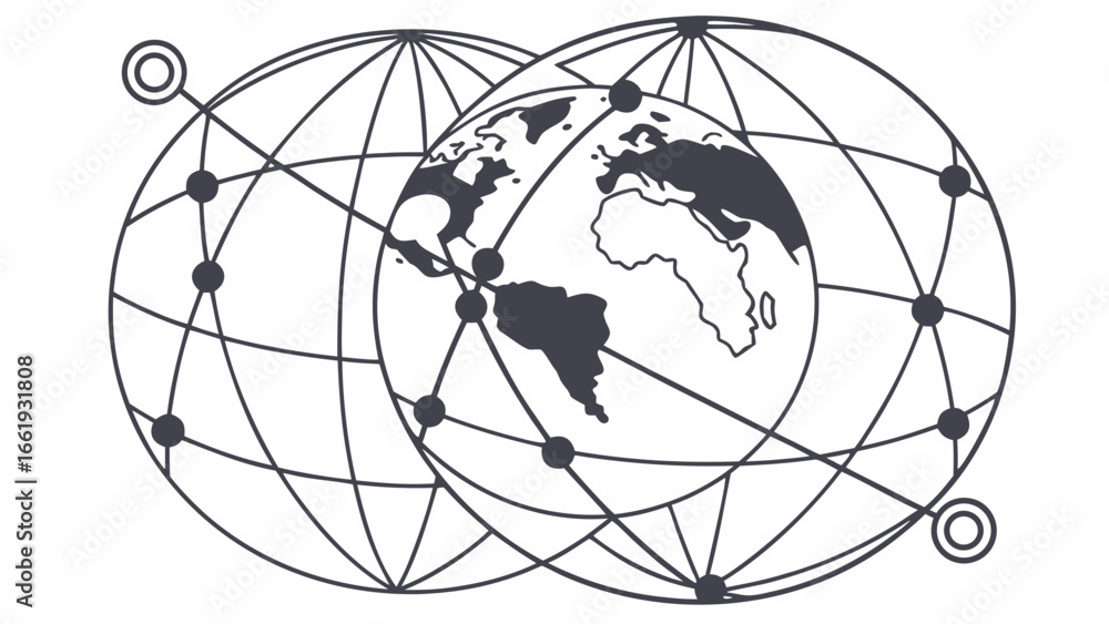 Poster two overlapping globes with interconnected network of nodes and lines showing earth continents