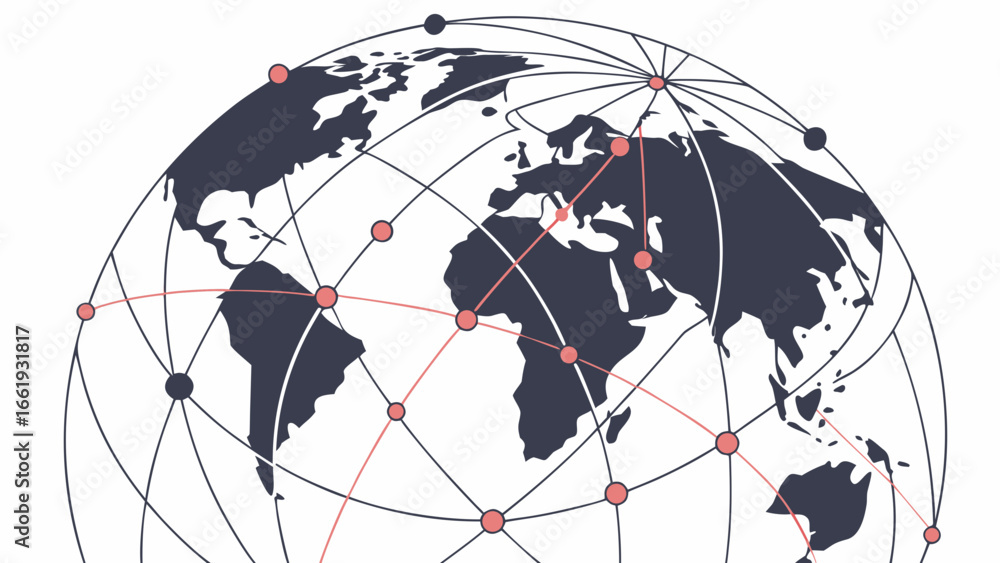 Poster global network illustration depicting connections across a world map with lines and nodes