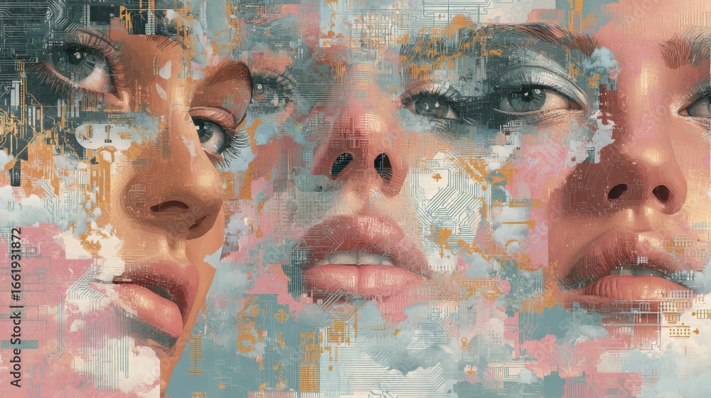 Poster surreal digital collage featuring fragmented faces and abstract patterns in ai-generated artistry