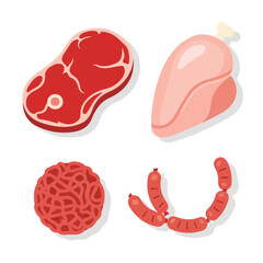 Vector design of meat, minced meat, chicken and sausage for advertising and motion graphics