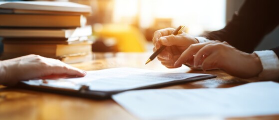 The focus on business collaboration and document discussion in an office setting.