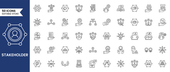 Stakeholder icon set in line style. Containing partnership, employee, team, community,  connection. Editable stroke. Vector illustration