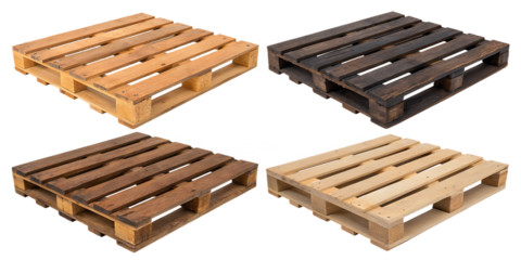 Four Wooden Pallets in Various Shades on a Black Background Representing Shipping and Logistics