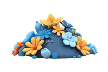 Claymation floral landscape with blue ground and colorful flowers on transparent backdrop