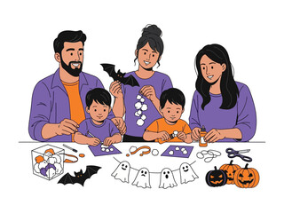 Halloween Crafting Family: A family engrossed in the creative process of making Halloween decorations, with bats and pumpkins on display, sharing in the spooky spirit of the occasion.