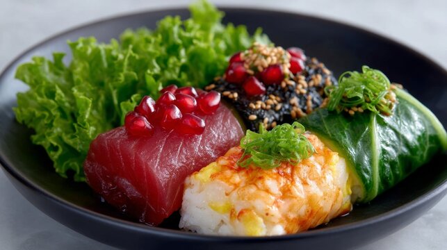 A vibrant plate of sushi featuring colorful fish, fresh greens, and garnishes. Perfect for food lovers and culinary enthusiasts alike. This artistic arrangement is a feast for the eyes. AI