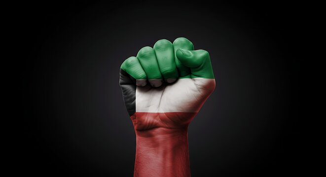 Powerful fist painted with the Kuwaiti flag on dark background