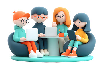 Cartoon teamwork with laptops and tablets symbolizing a collaborative environment
