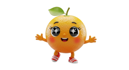A cute 3D cartoon orange character with sparkling eyes, a happy smile, and red sneakers stands with arms outstretched on a white background.