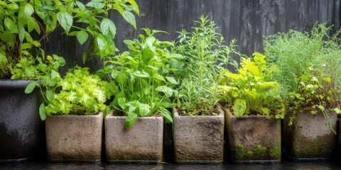 Fototapeta premium Micro farming eco-friendly concept. Lush herbs growing in rectangular pots against a textured background.