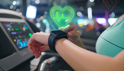 Woman Checking Hologram heart rate on Smartwatch While Running