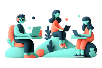 Stylized illustration of three people working on laptops in a collaborative setting