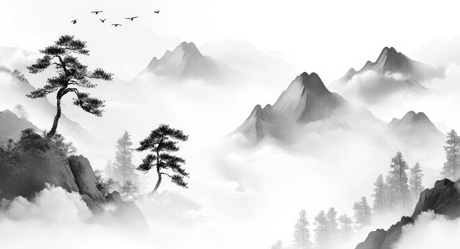 Painting of mountains featuring trees and clouds rendered in black and white ink wash