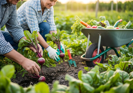 Retired Senior Couple Harvesting Beetroot in Home Vegetable Garden with Wheelbarrow - Powered by Adobe