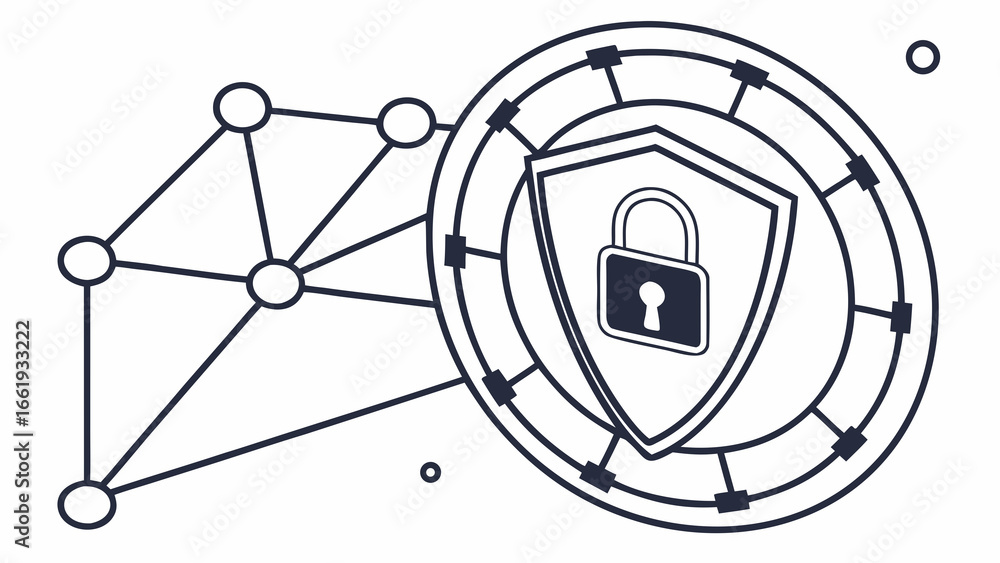 Poster network security illustration featuring a connected graph and a shield with a padlock icon