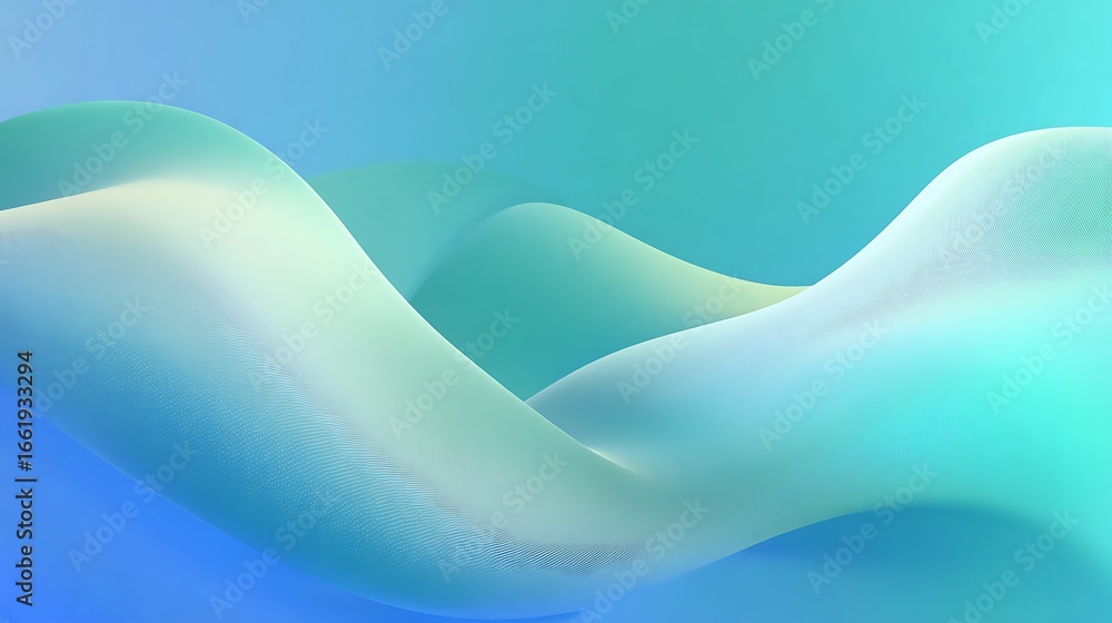 Poster abstract digital art flowing waves of pixels creating a serene blue green gradient landscape