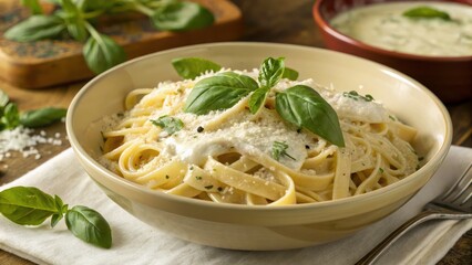 Creamy Fettuccine Pasta with Fresh Basil and Parmesan Cheese