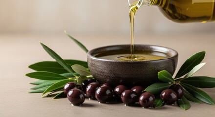 Elegant shot of golden olive oil pouring into a rustic ceramic bowl, with fresh Kalamata olives and leaves on a neutral background.
