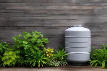 Micro farming eco-friendly concept. Modern water tank beside lush greenery against a textured wall.