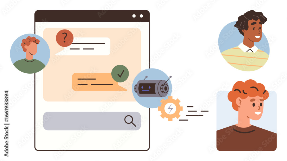 Poster messaging interface with ai chatbot icon and user avatars exchanging queries. ideal for communicatio