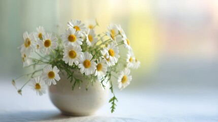 Fototapeta premium A white ceramic vase holds fresh daisy flowers with yellow centers,
