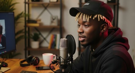 young african american man in black cap speaking into microphone in modern home studio, surrounded by tech gear. podcasting and content creation. social media blog, video hosting