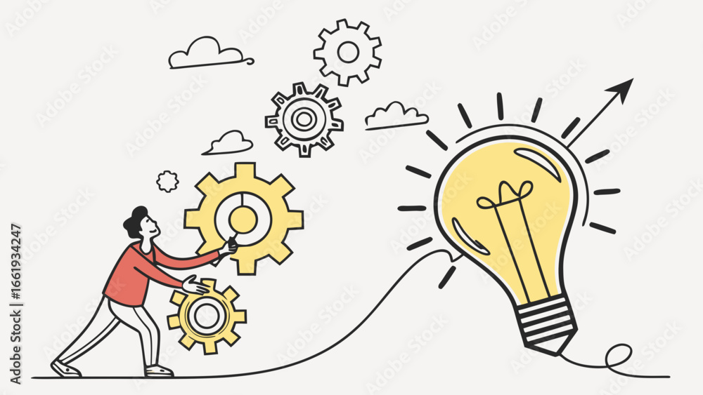 Aufkleber man pushing gears towards lightbulb with upward arrow representing innovation and progress idea