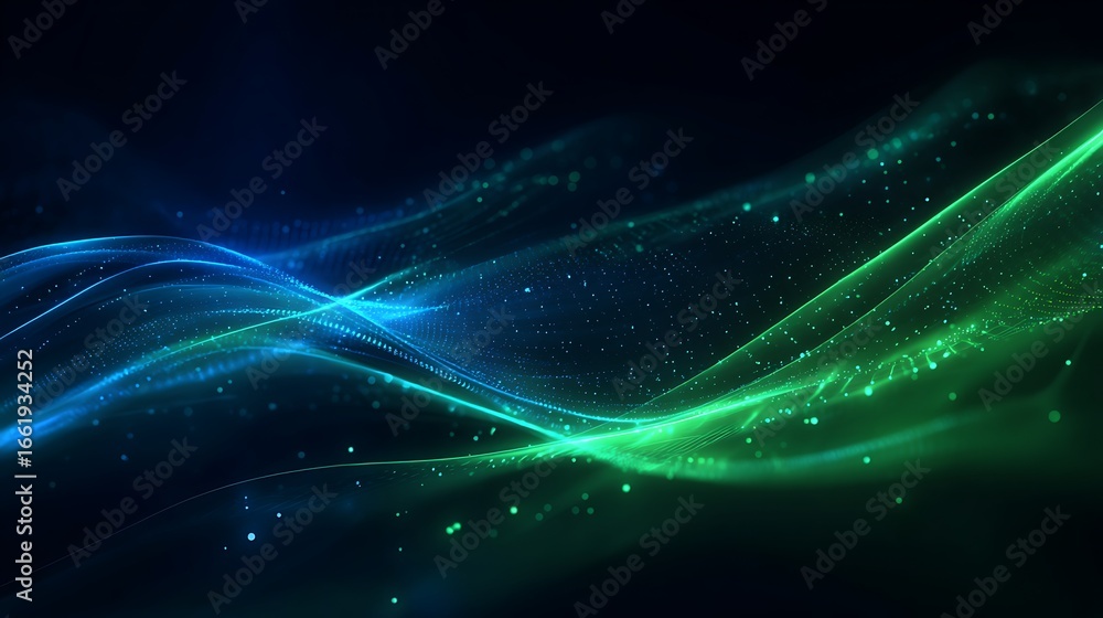 Poster abstract waves of light particles flowing with energy across a dark background